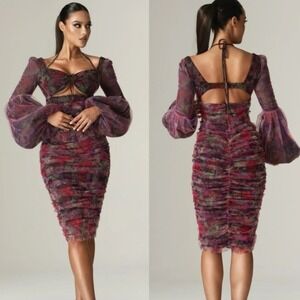 Aliava NWT Bianca Cutout Ruched Midi Floral Print Dress Size Large